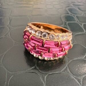 Gold-Tone Pink Crystal Statement Ring